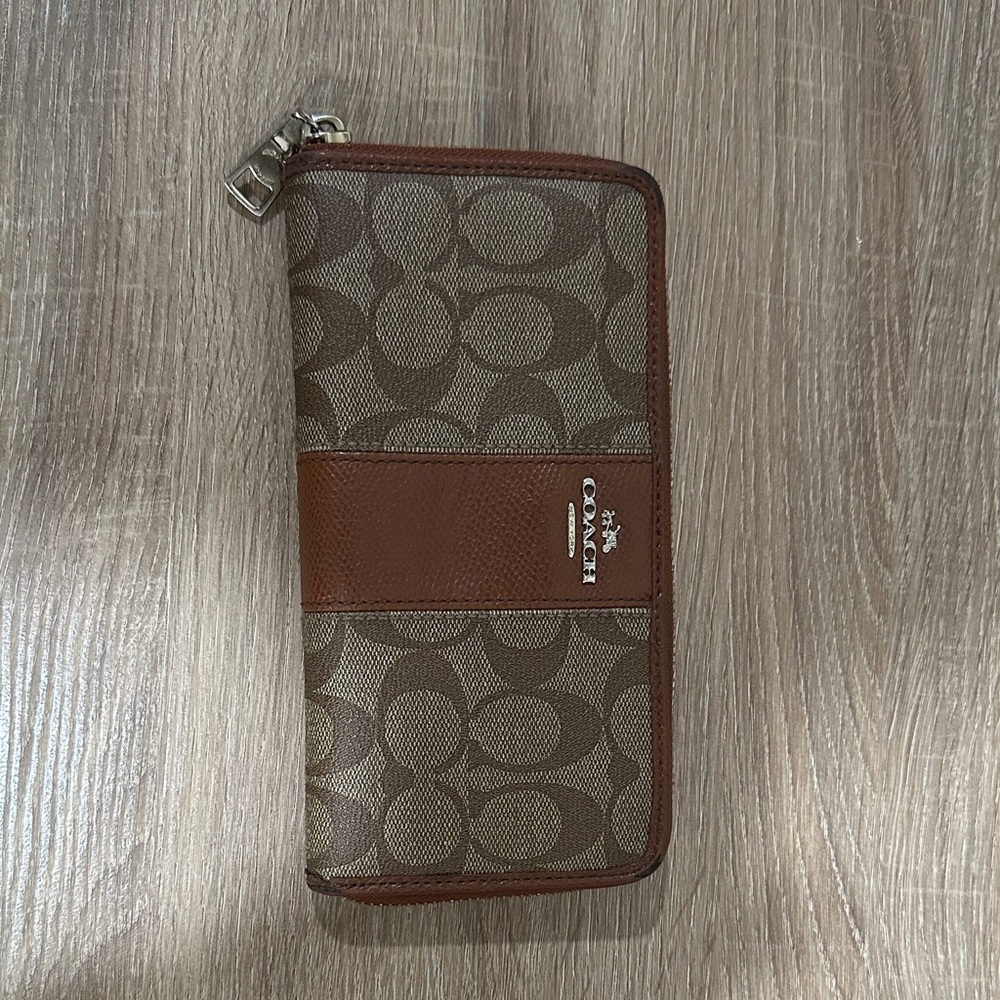 Coach Signature Brown and Tan Zip Wallet
